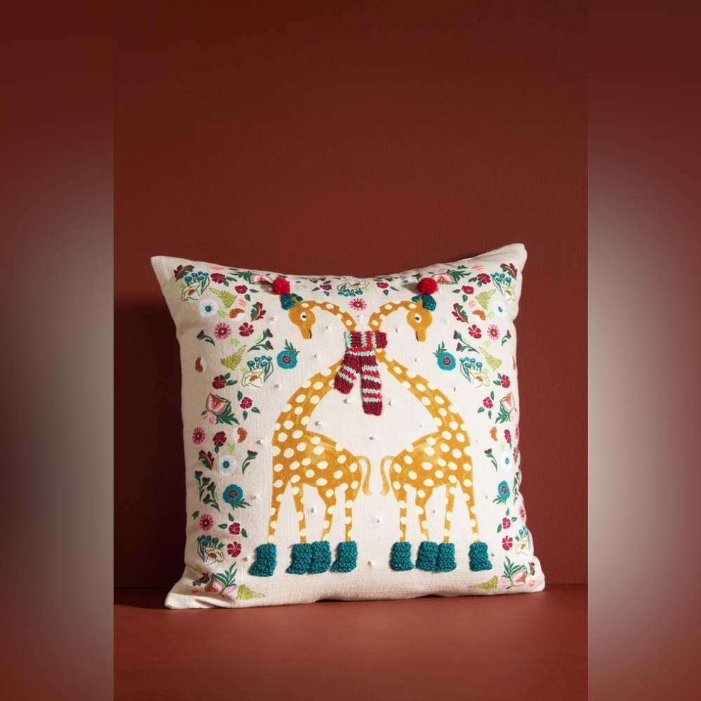 Anthropologie Giraffe Claus Embroidered Pillow